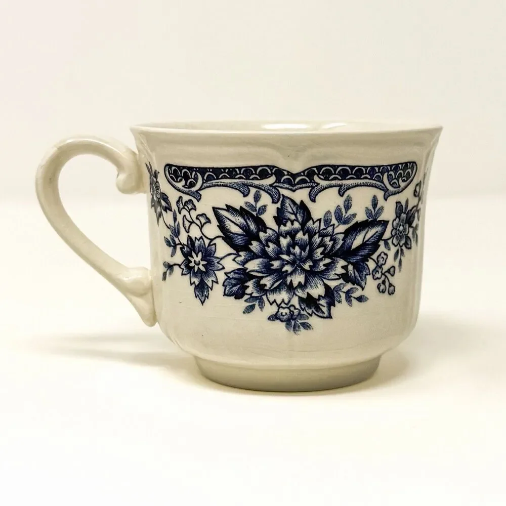 Blue Carnation Ironstone Cups & Saucers Set 3 Japan Blue White Vintage Floral